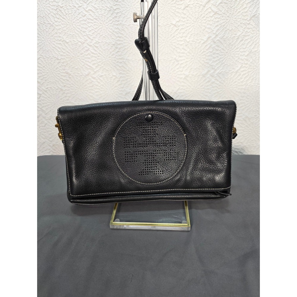 Tory‎ Burch Crossbody Bag Womens Medium Black Excellent Perforated Logo Leather